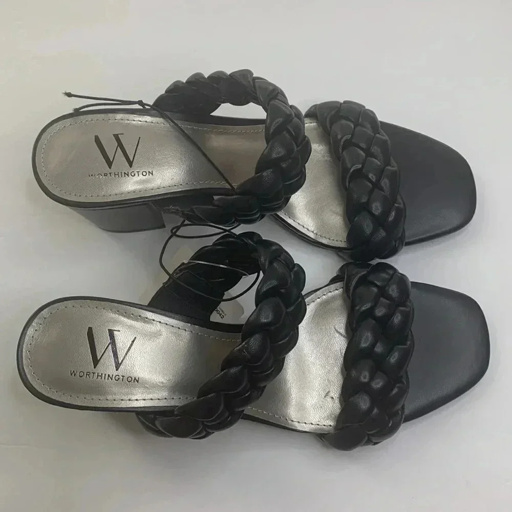 Worthington Braided Strap Mules Sandals Black Chunky Heel Women’s Sz 6.5 NWT